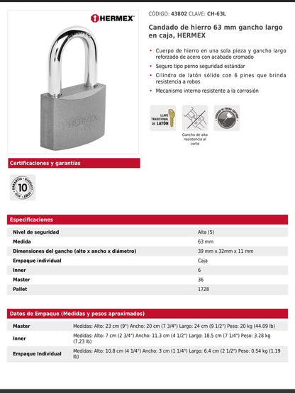 Candado de hierro de 63 mm con gancho largo