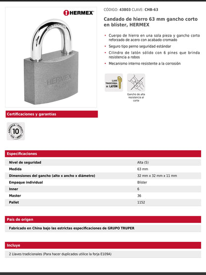 Candado de hierro de 63 mm con gancho corto