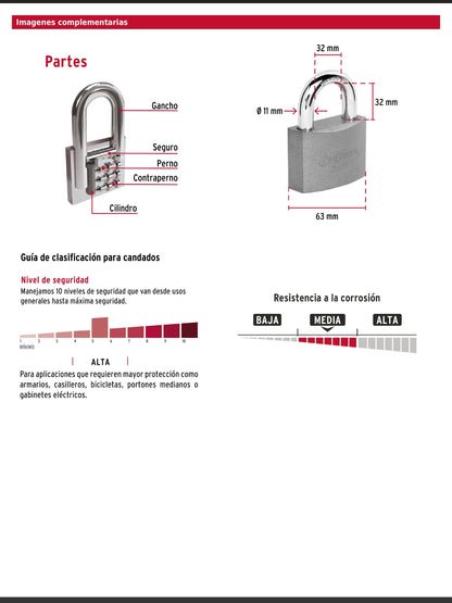 Candado de hierro de 63 mm con gancho corto
