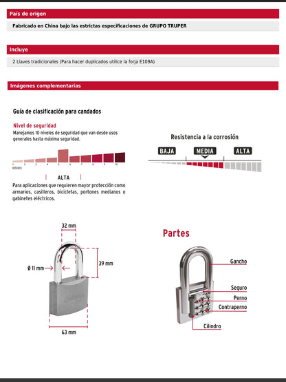 Candado de hierro de 63 mm con gancho largo