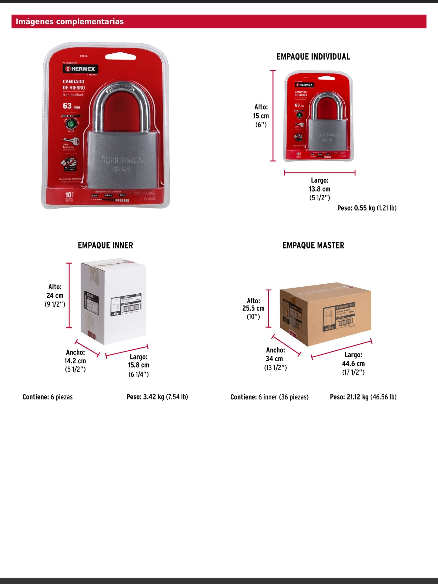 Candado de hierro de 63 mm con gancho largo