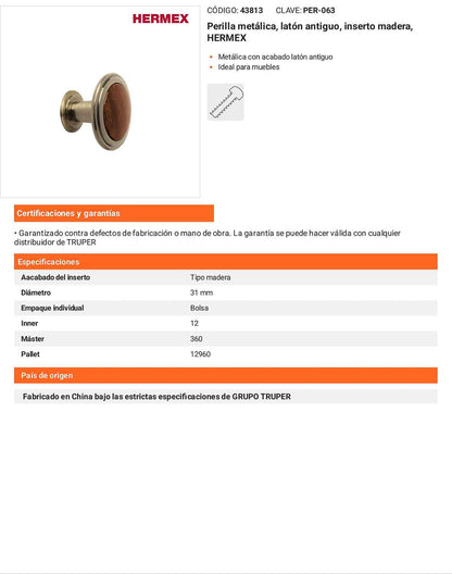 Perilla latón antiguo inserto madera
