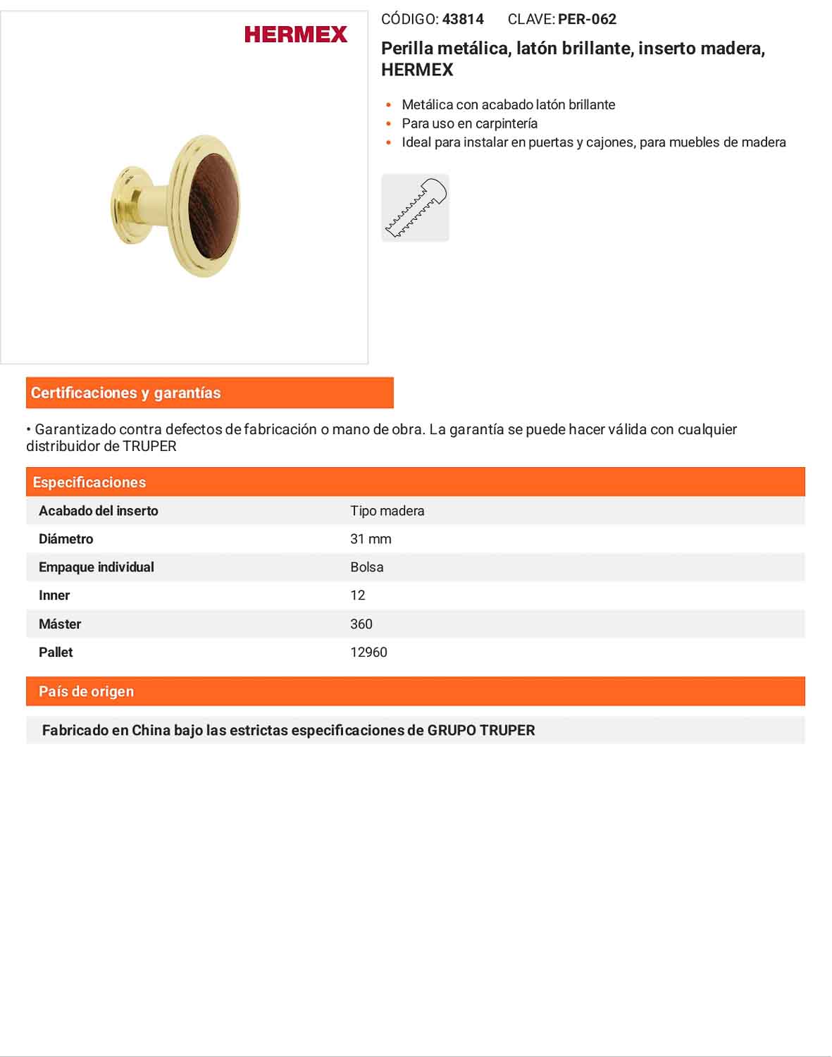 Perilla latón brillante inserto madera