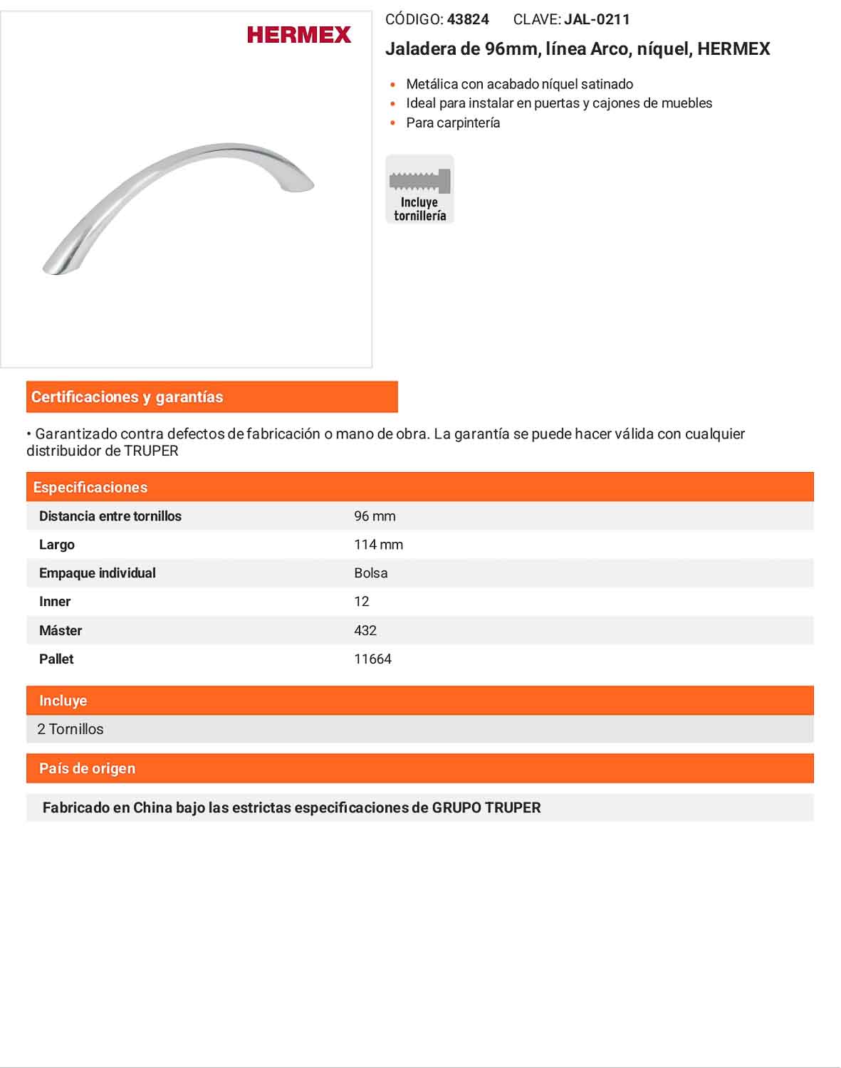 Jaladera 96mm línea Arco níquel