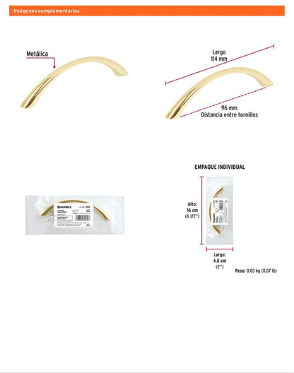 Jaladera 96mm línea Arco latón brillante