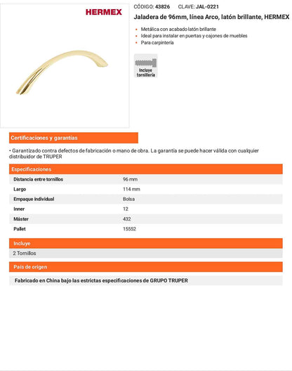 Jaladera 96mm línea Arco latón brillante