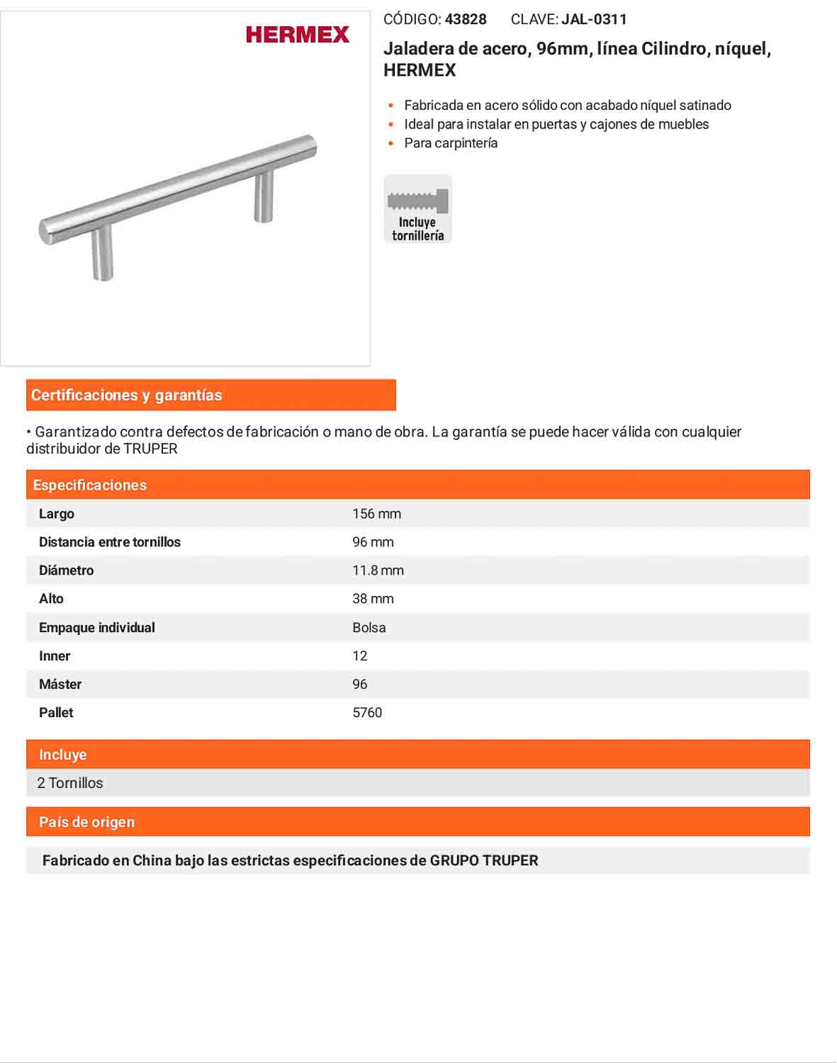 Jaladera 96mm línea Cilindro níquel