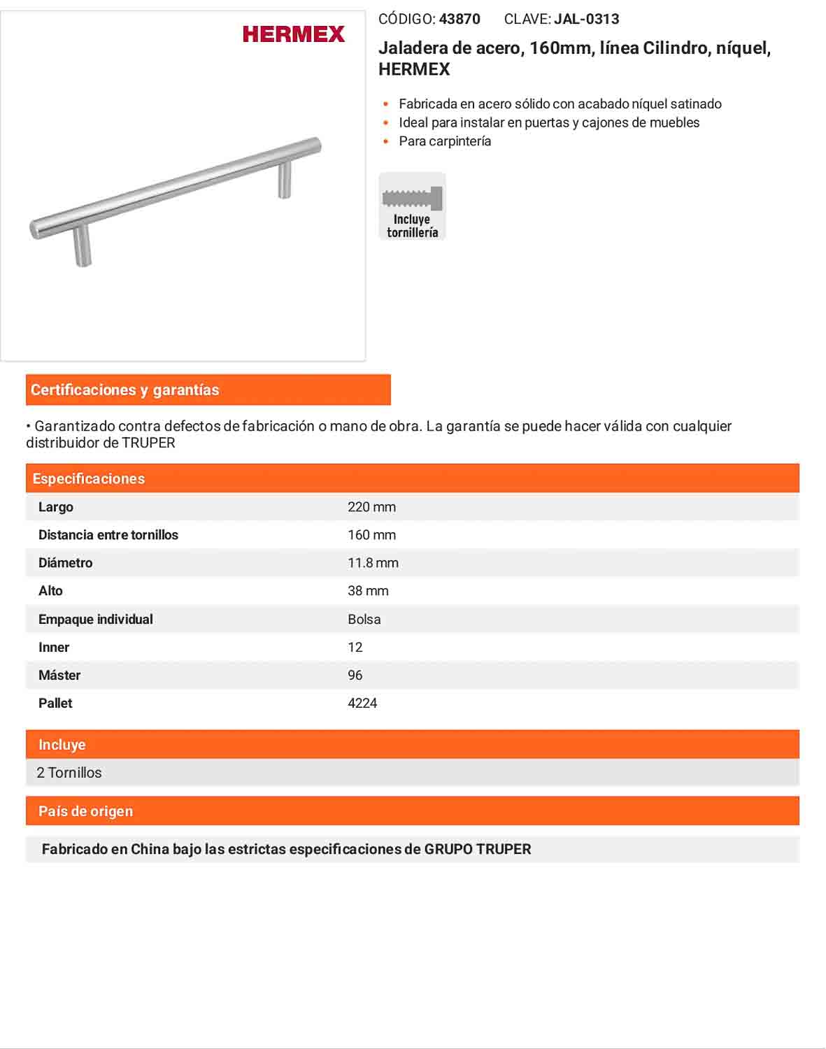 Jaladera 160mm línea Cilindro níquel