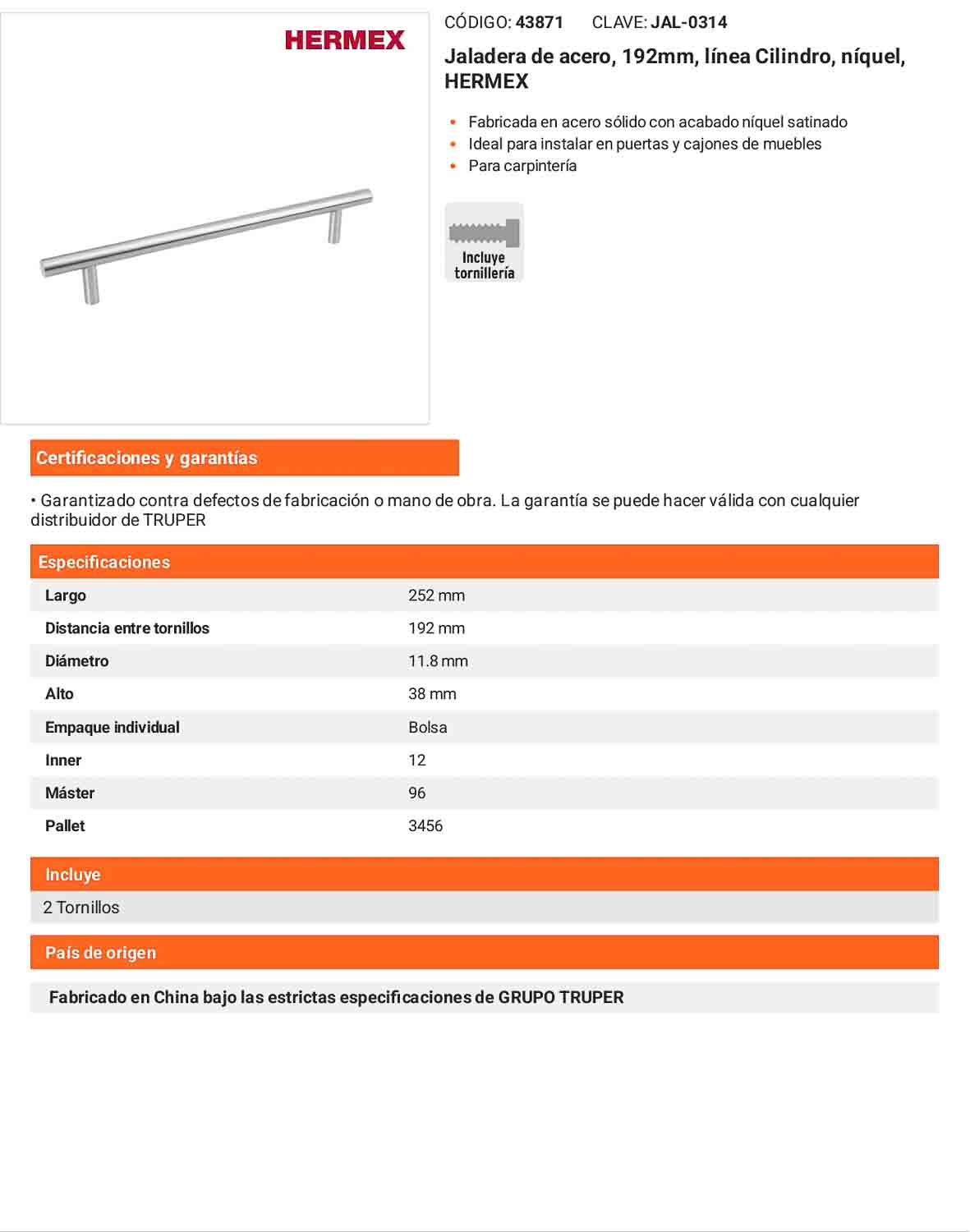 Jaladera 192mm línea Cilindro níquel