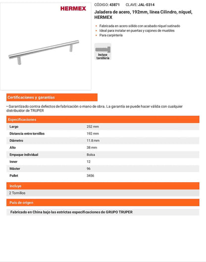 Jaladera 192mm línea Cilindro níquel