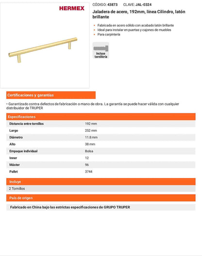 Jaladera 192mm línea Cilindro latón brillante