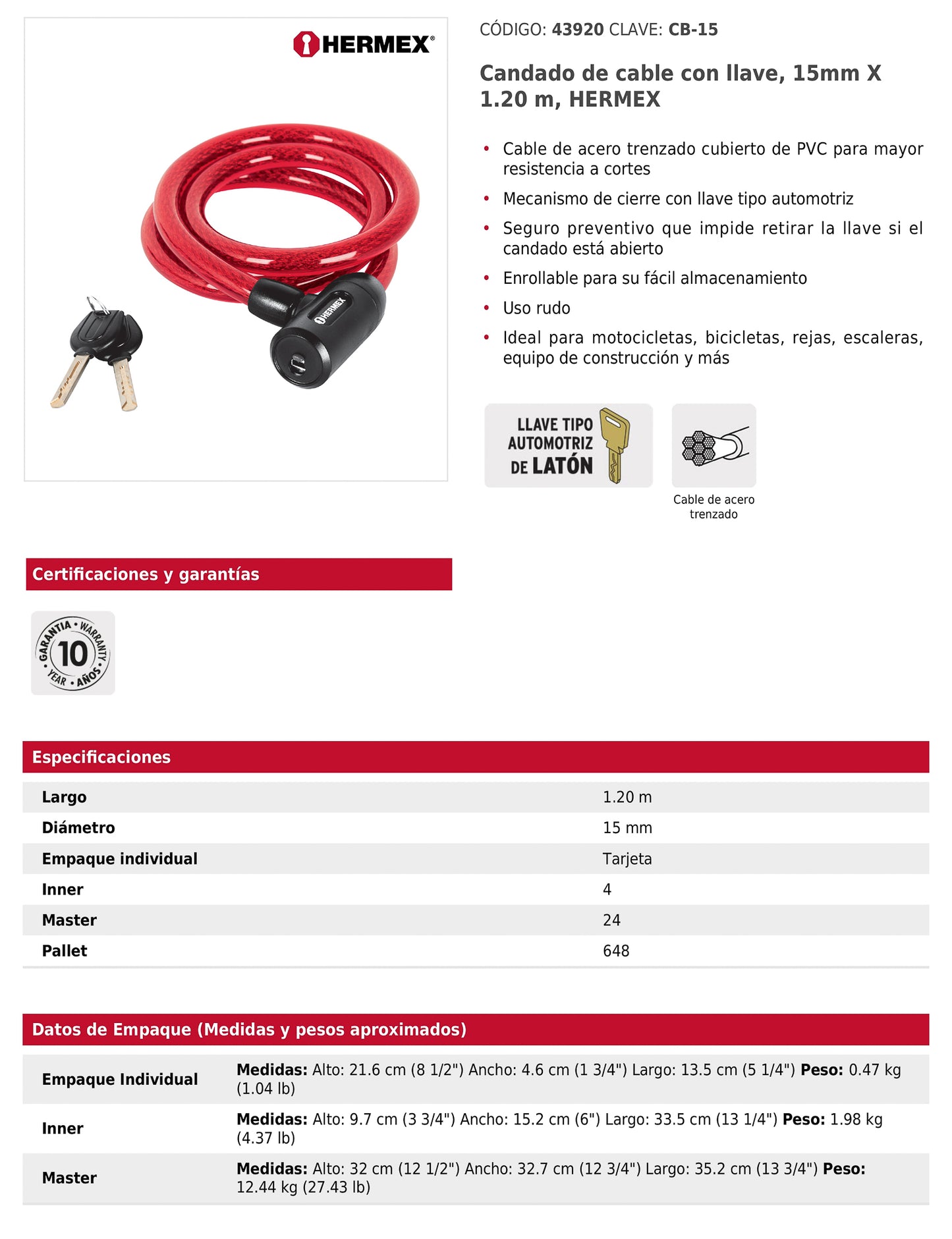 Candado de cable con llave 15 mm x 1.20 m