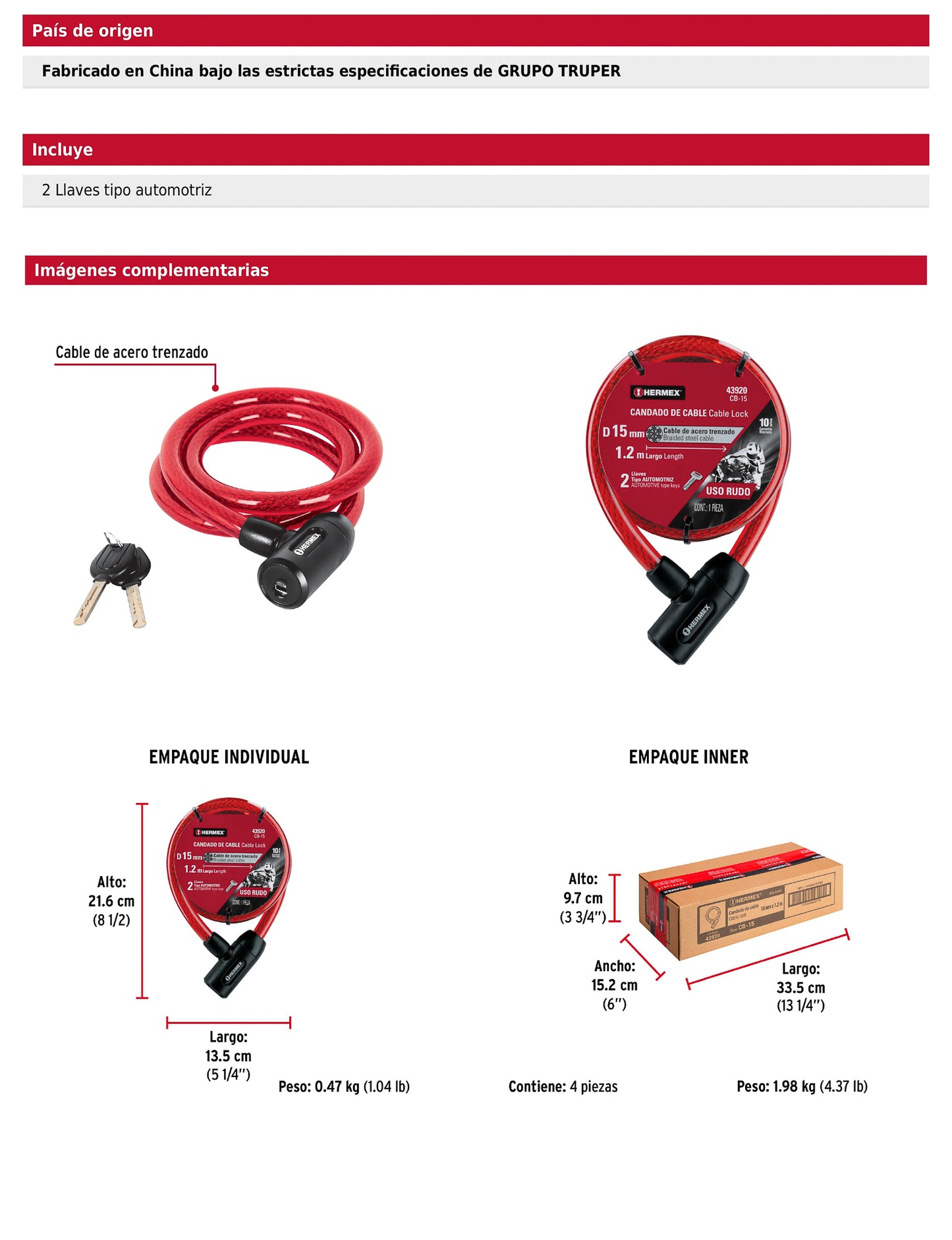Candado de cable con llave 15 mm x 1.20 m
