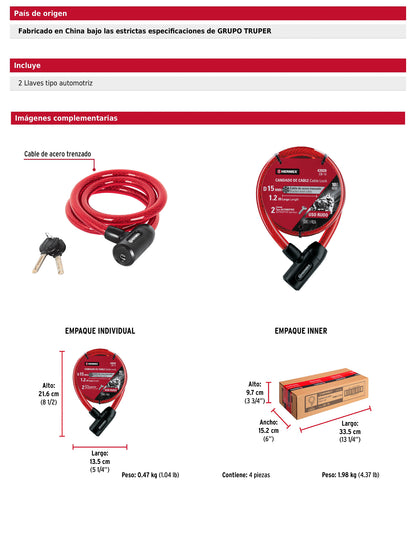 Candado de cable con llave 15 mm x 1.20 m