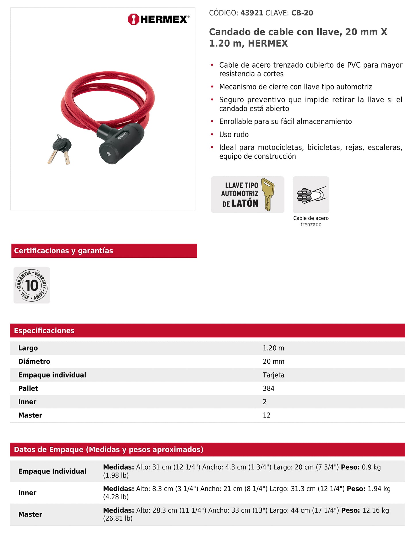 Candado de cable con llave 20 mm x 1.20 m