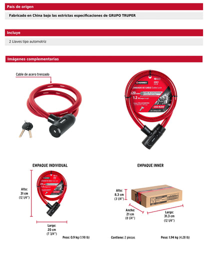 Candado de cable con llave 20 mm x 1.20 m