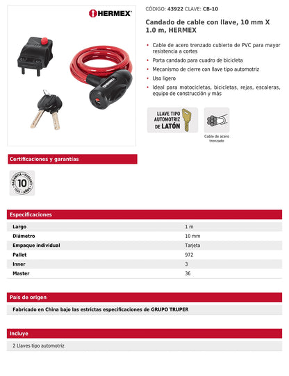 Candado de cable con llave 10 mm x 1.0 m