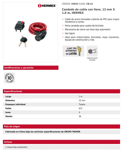 Candado de cable con llave 12 mm x 1.0 m