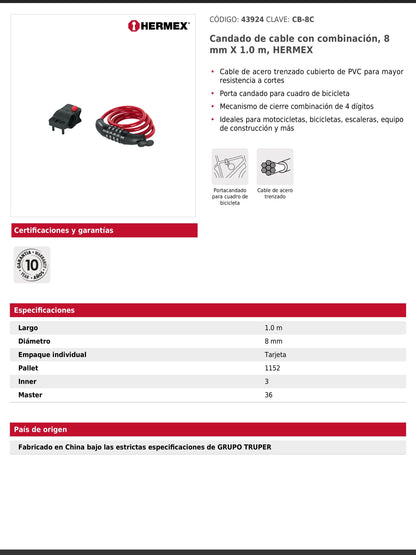 Candado de cable con combinación 8 mm x 1.0 m