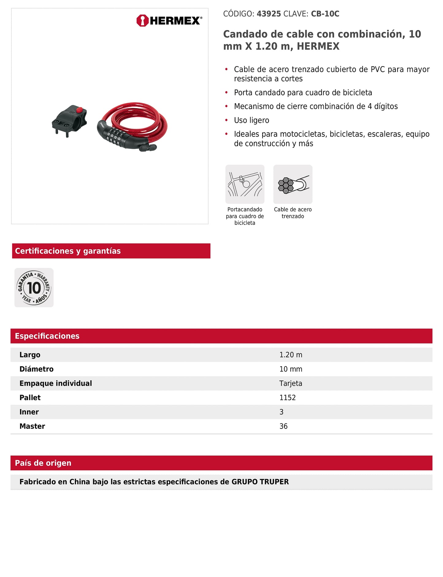 Candado de cable con combinación 10 mm x 1.20 m
