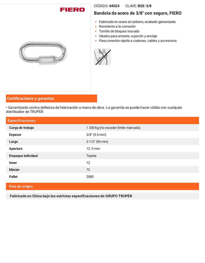Bandola Acero con Seguro 3/8 Pulgada