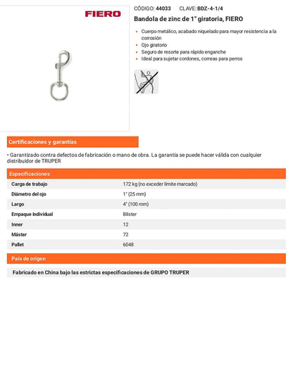 Bandola Zinc Giratoria 1 Pulgada