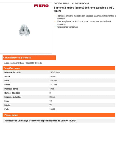 Nudo Perro Hierro Galvanizado Cable 1/8