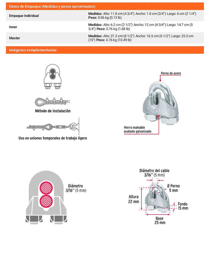 Nudo Perro Hierro Galvanizado Cable 3/16