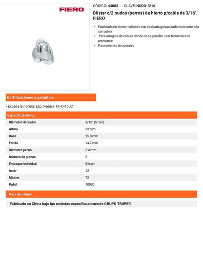 Nudo Perro Hierro Galvanizado Cable 3/16