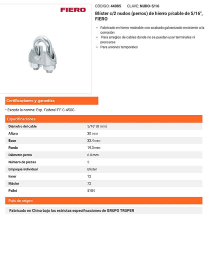 Nudo Perro Hierro Galvanizado Cable 5/16