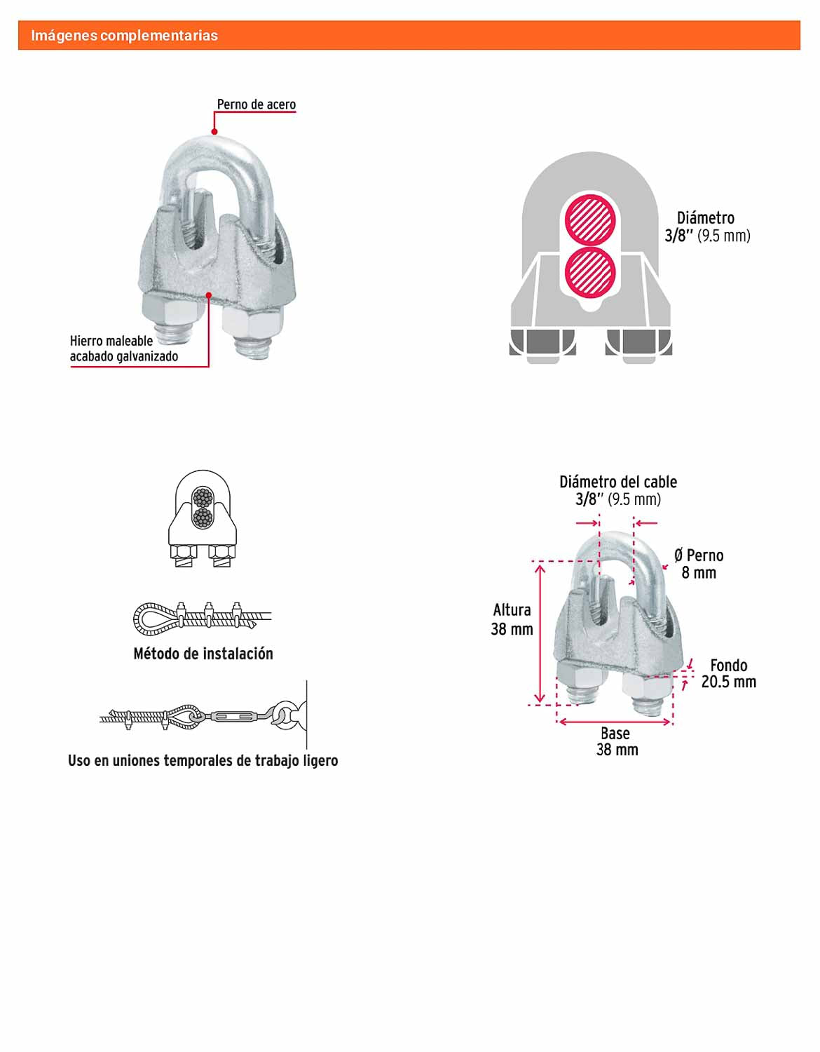 Nudo Perro Hierro Galvanizado Cable 3/8