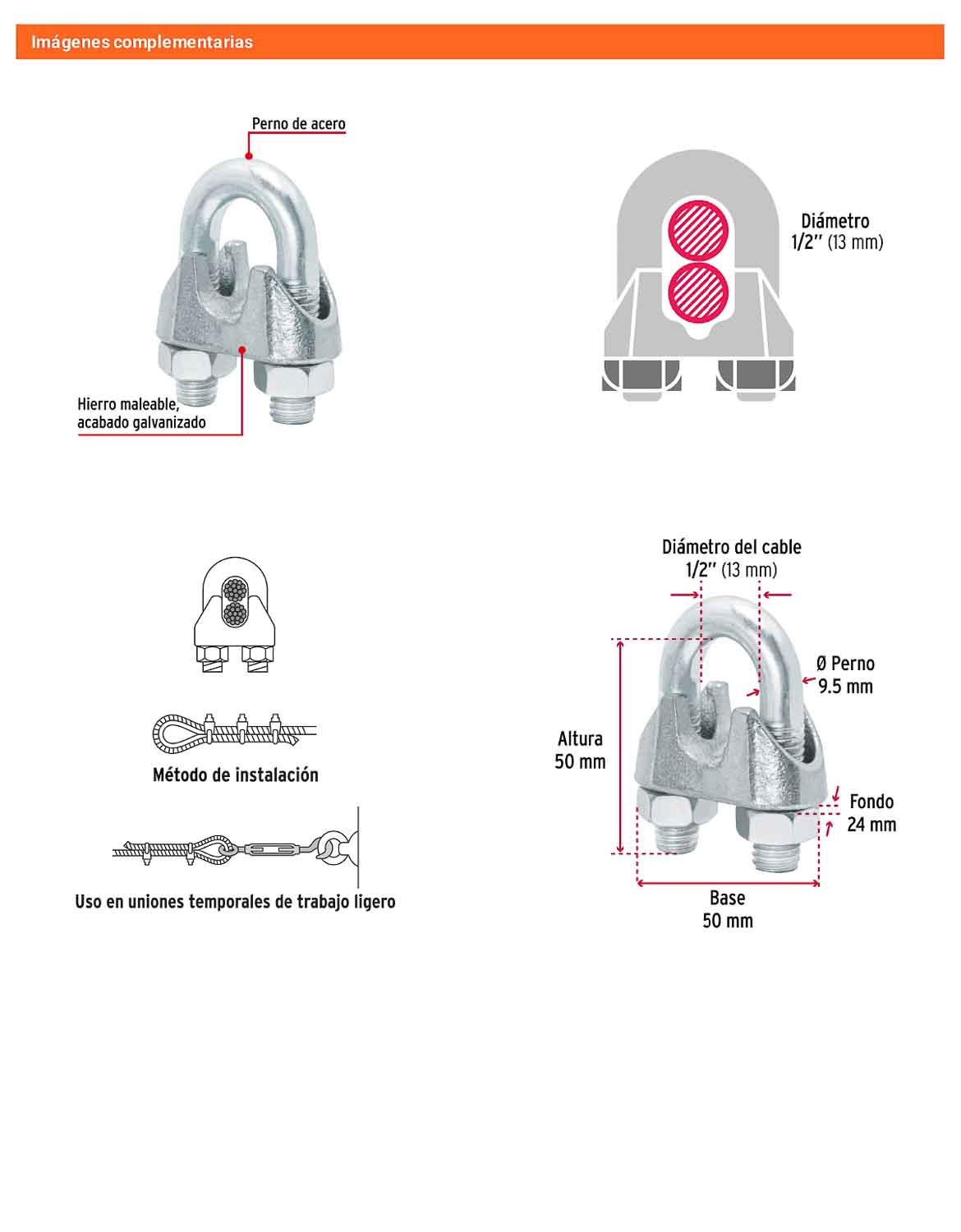 Nudo Perro Hierro Galvanizado Cable 1/2
