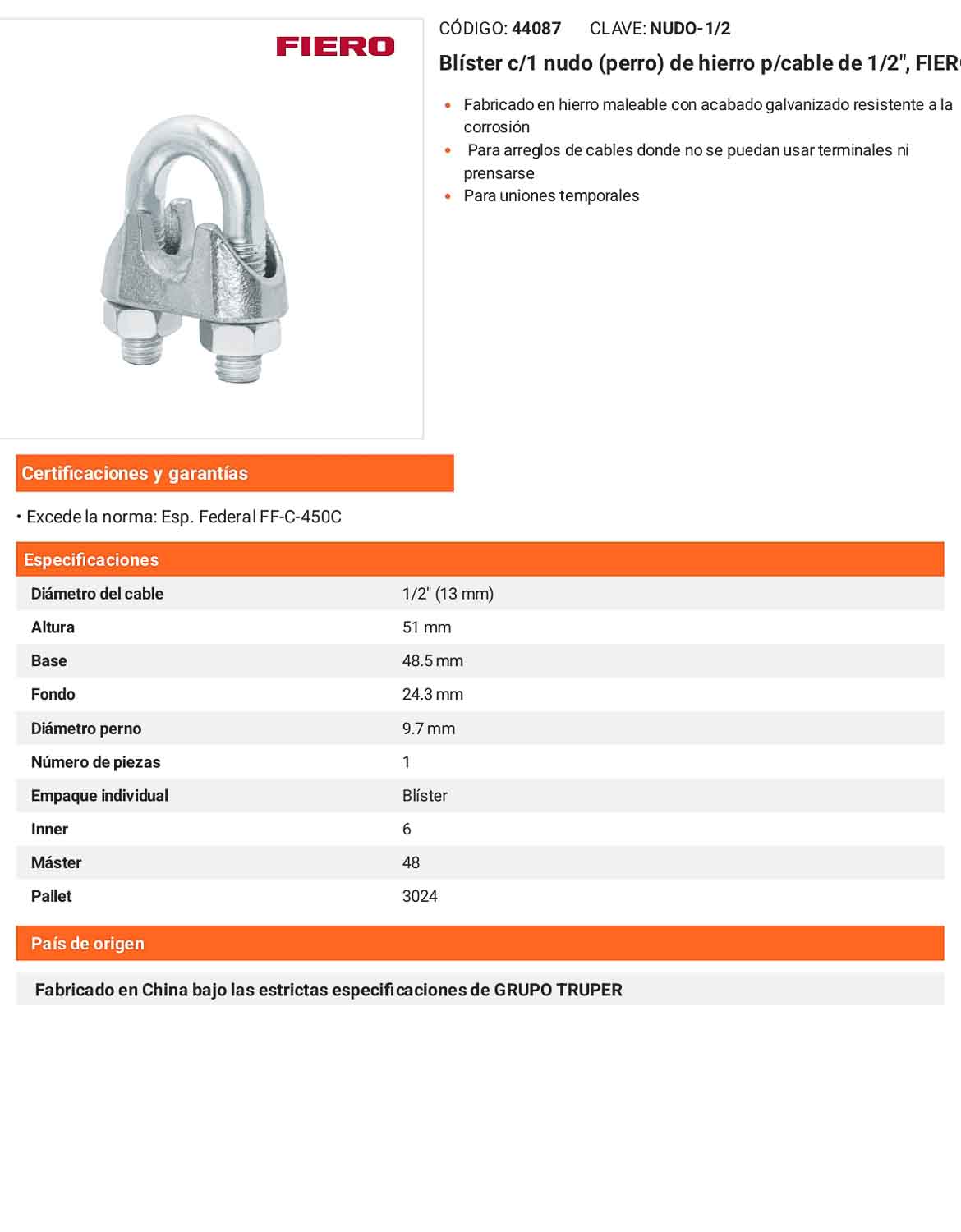 Nudo Perro Hierro Galvanizado Cable 1/2