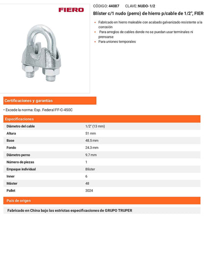 Nudo Perro Hierro Galvanizado Cable 1/2
