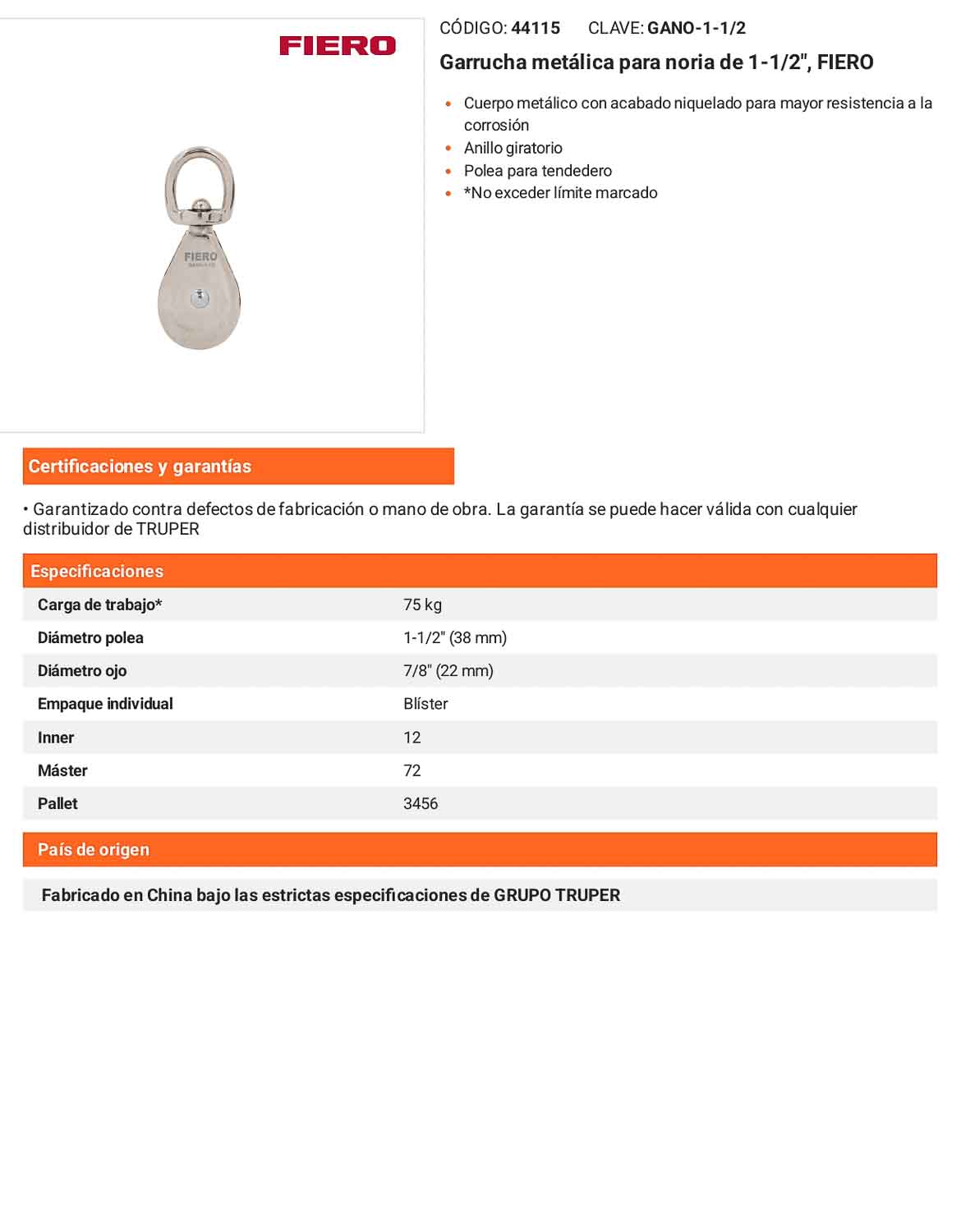 Garrucha Metálica Noria 1-1/2 Pulgada