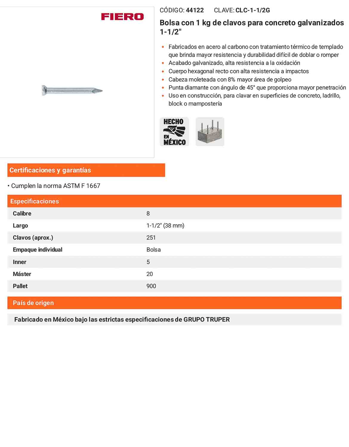 Clavos Concreto Galvanizados 1-1/2 Pulgada