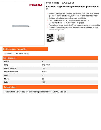 Clavos Concreto Galvanizados 2 Pulgadas