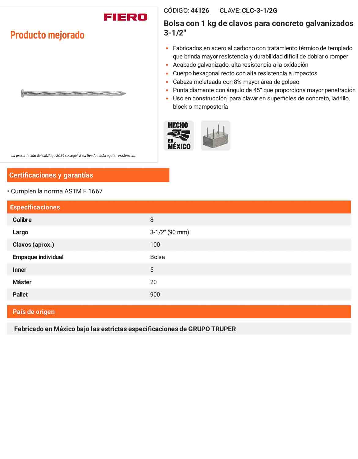 Clavos Concreto Galvanizados 3-1/2 Pulgadas