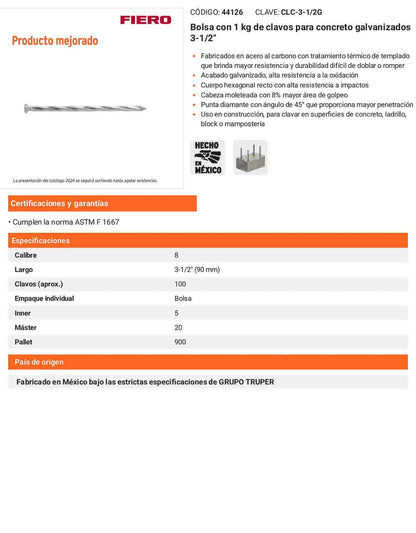 Clavos Concreto Galvanizados 3-1/2 Pulgadas
