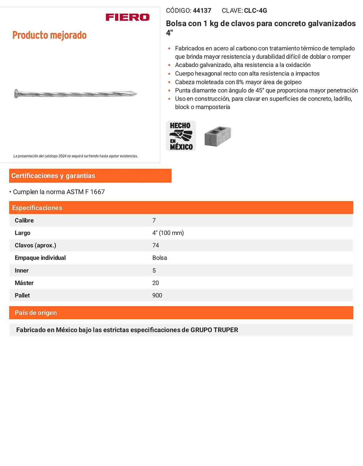 Clavos Concreto Galvanizados 4 Pulgadas