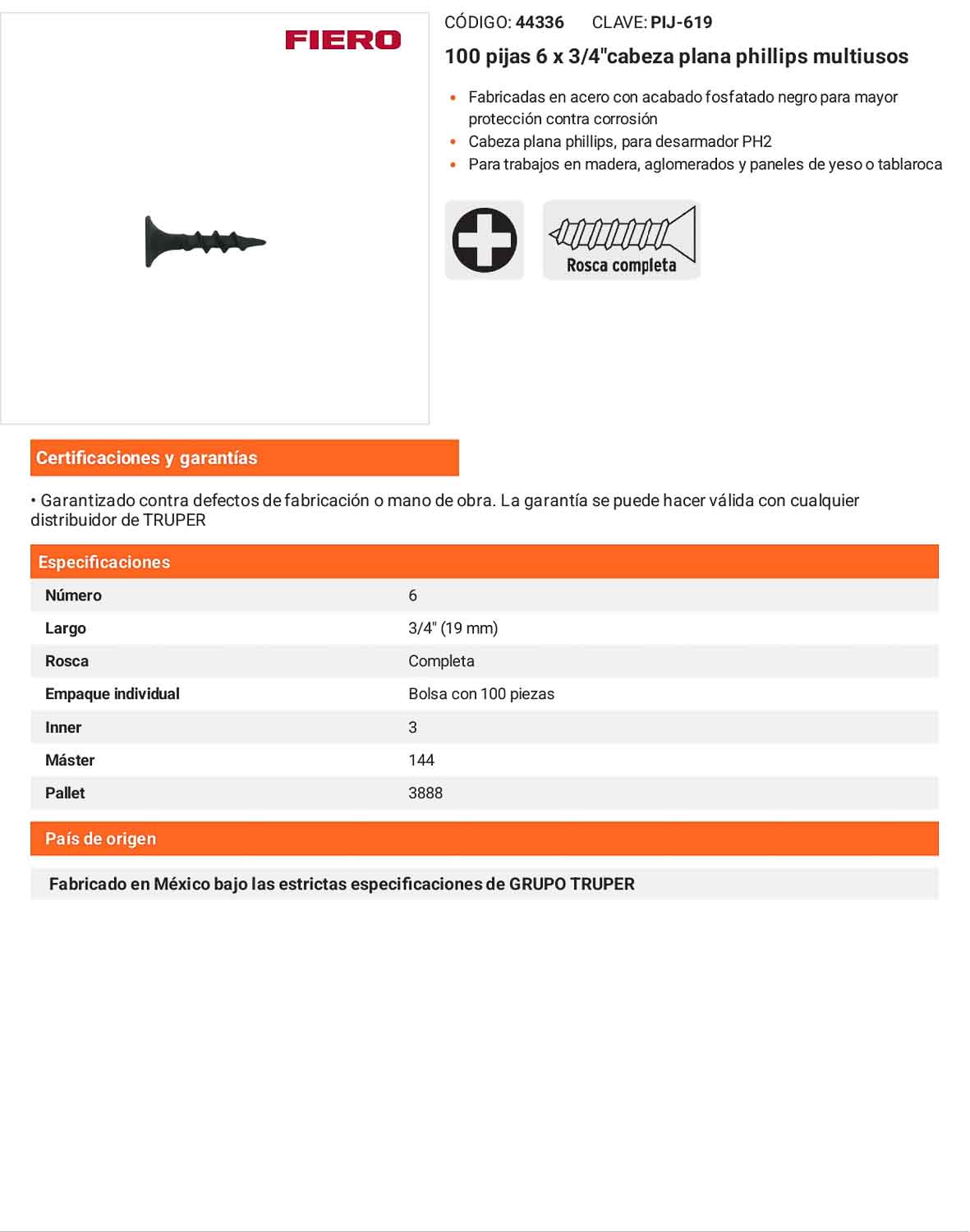 Tornillo gypsum multiusos fosfatada 6 x 3/4 pulg