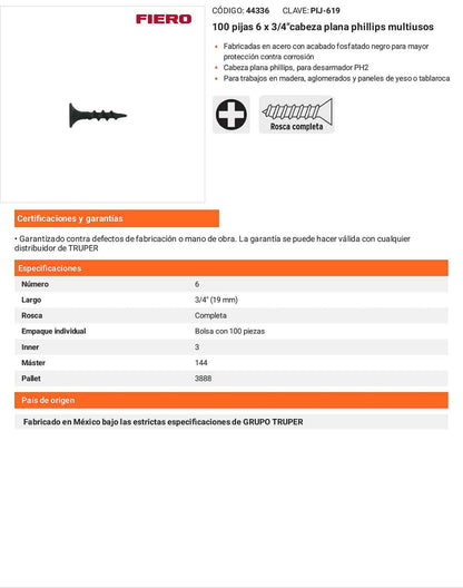Tornillo gypsum multiusos fosfatada 6 x 3/4 pulg