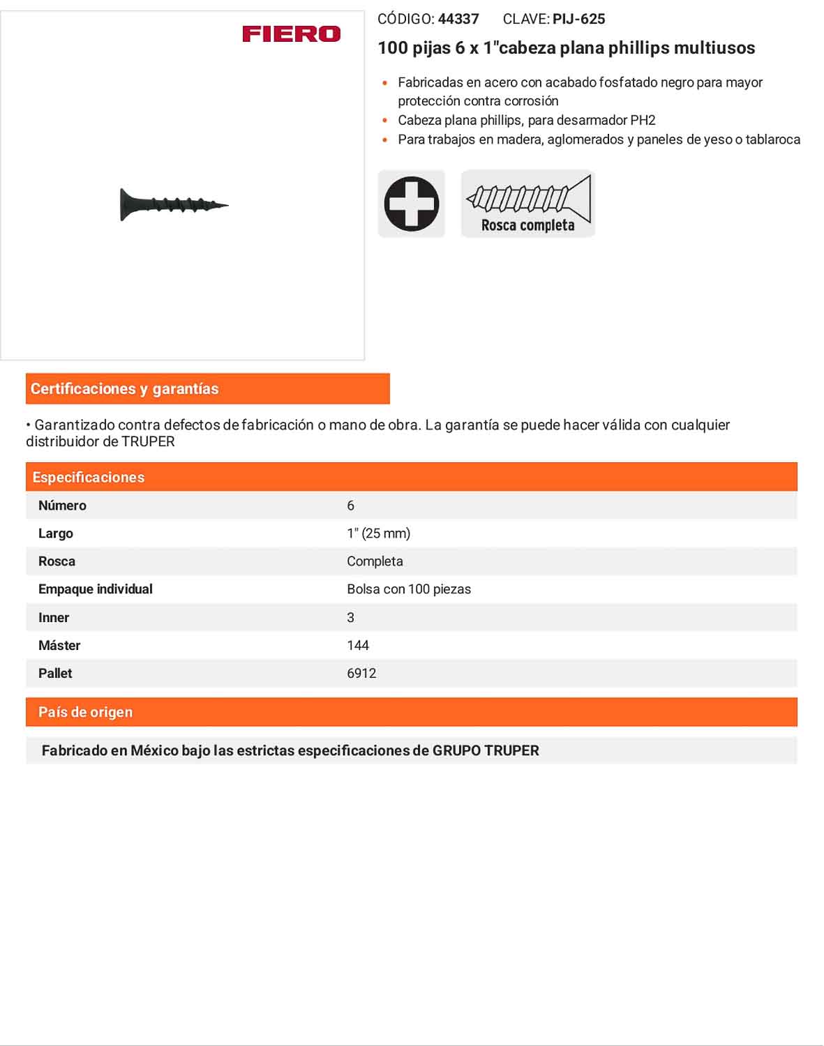 Tornillo gypsum multiusos fosfatada 6 x 1 pulg