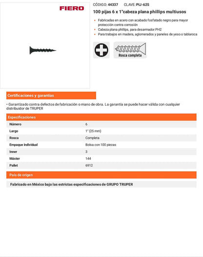 Tornillo gypsum multiusos fosfatada 6 x 1 pulg