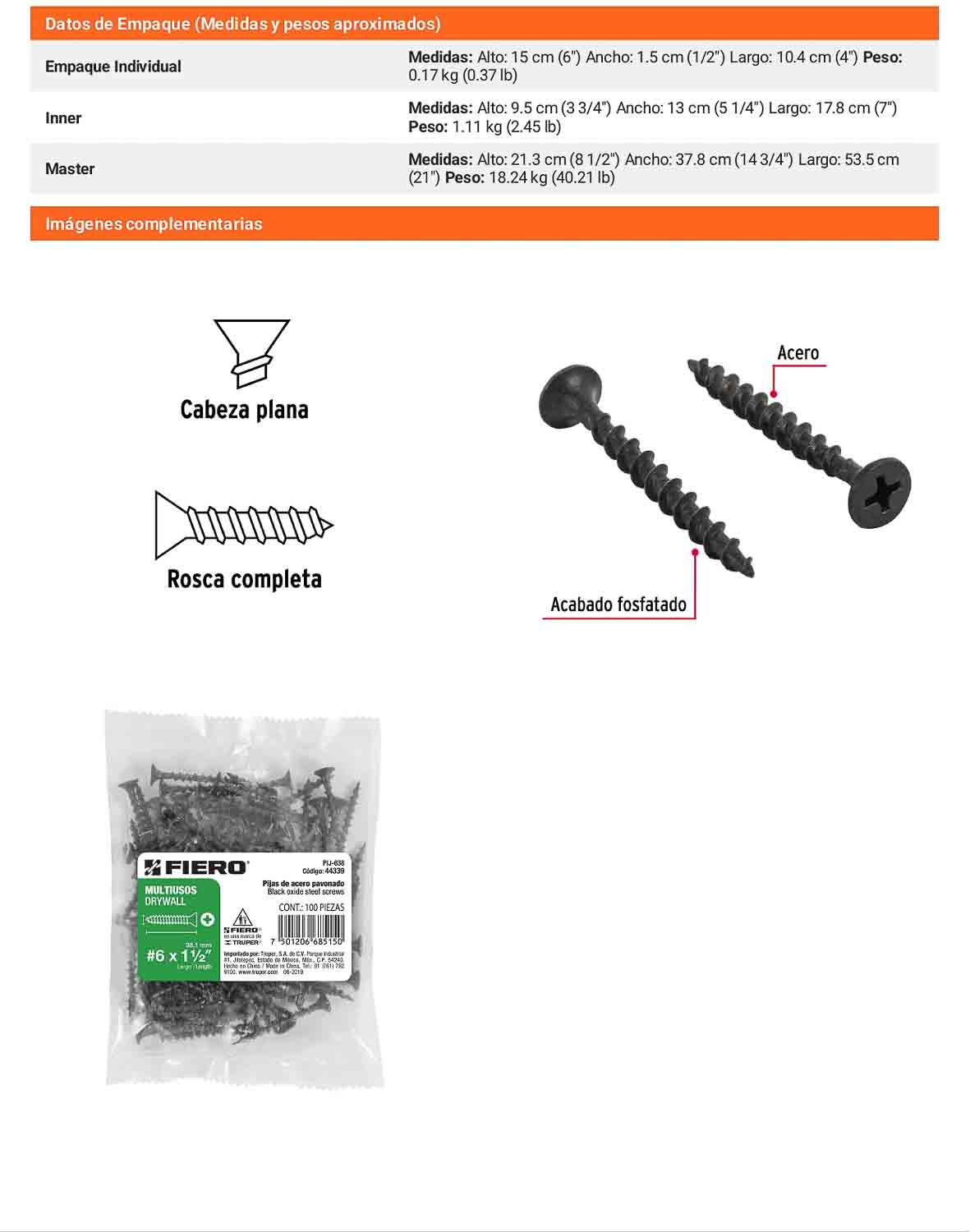 Tornillo gypsum multiusos fosfatada 6 x 1-1/2 pulg