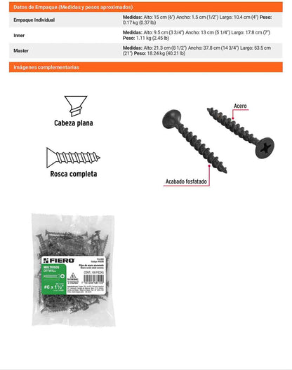 Tornillo gypsum multiusos fosfatada 6 x 1-1/2 pulg