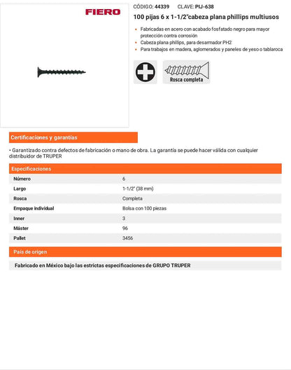 Tornillo gypsum multiusos fosfatada 6 x 1-1/2 pulg