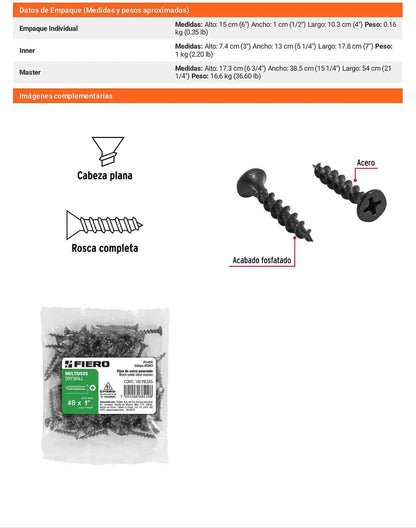 Tornillo gypsum multiusos fosfatada 8 x 1 pulg