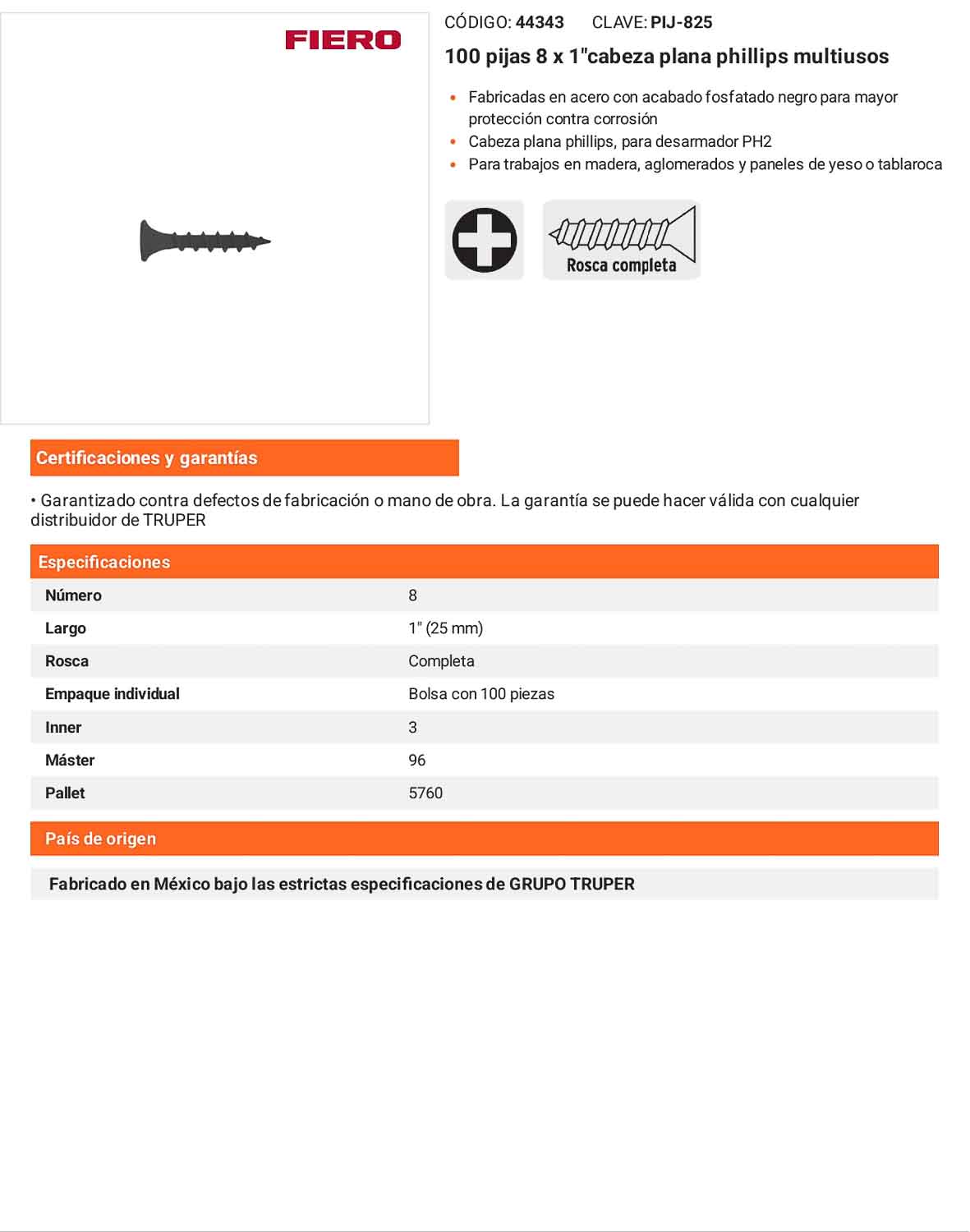 Tornillo gypsum multiusos fosfatada 8 x 1 pulg