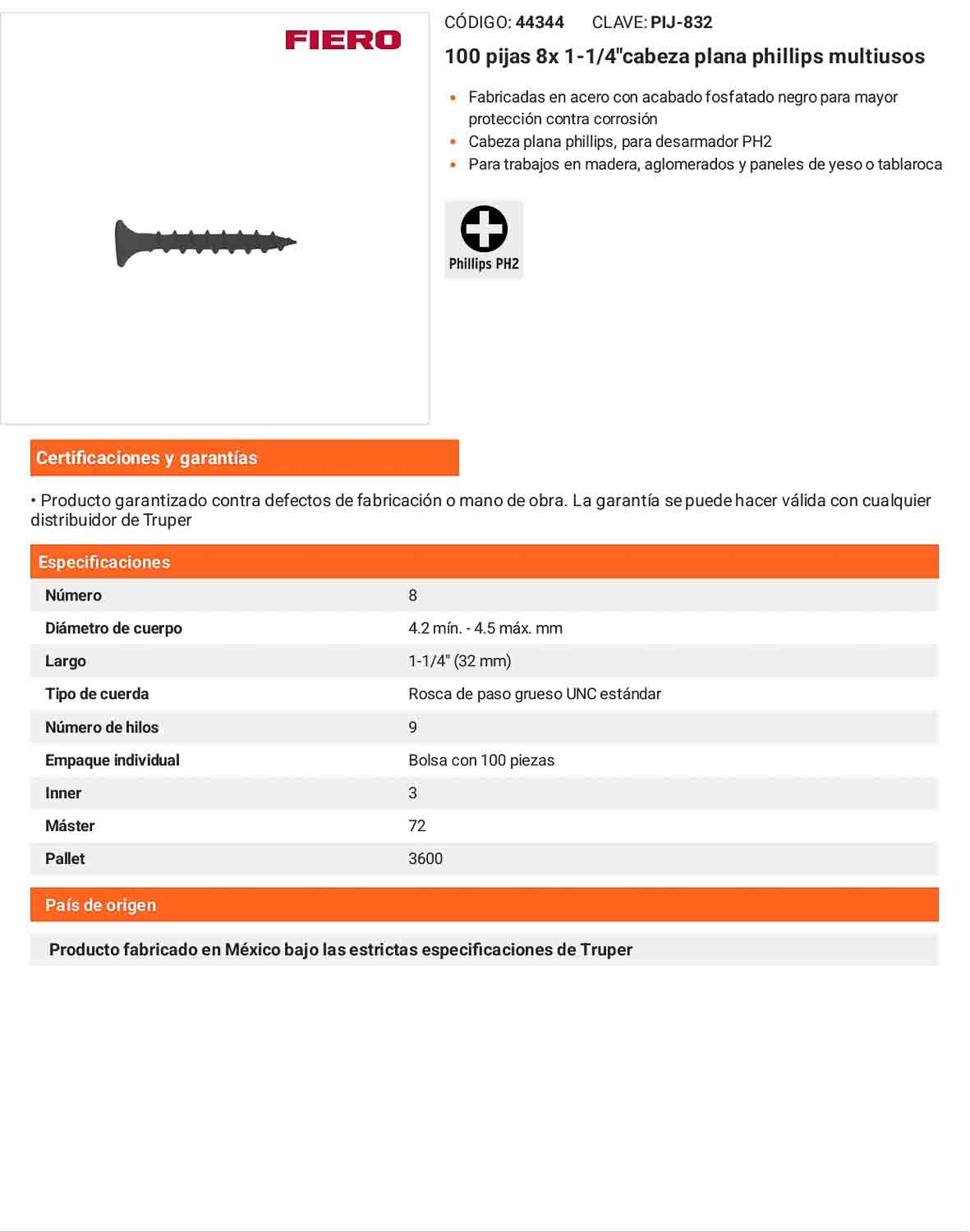 Tornillo gypsum multiusos fosfatada 8 x 1-1/4 pulg